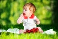 Happy baby have fun in the Park on a Sunny meadow with strawberry. Summer vacation concept. The emotions. Royalty Free Stock Photo