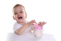 Happy baby with milk Royalty Free Stock Photo