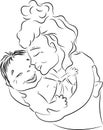 Happy baby in mother\'s arms, mother kisses baby, line art, silhouette Royalty Free Stock Photo