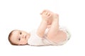 Happy baby playing with his feet isolated on white background Royalty Free Stock Photo