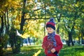 Happy baby playing with leaves in nature. Sunny autumn day. Boy Royalty Free Stock Photo