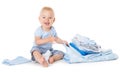 Happy Baby sitting in Clothing, Toddler Kid with Towel Cloth on White