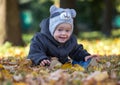 Happy baby sitting on the fallen leaves outdoors