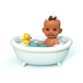 Happy baby taking a bath playing with rubber duck. Little child in a bathtub. Infant washing and bathing. Hygiene and care for