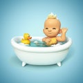 Happy baby taking a bath playing with rubber duck. Little child in a bathtub. Infant washing and bathing. Hygiene and care for