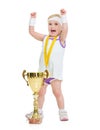 Happy baby in tennis clothes rejoicing success Royalty Free Stock Photo