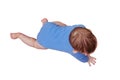 Happy baby toddler crawls on a wooden laminate, isolated on a white b Royalty Free Stock Photo