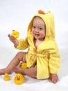 Happy Baby in Yellow Duck Robe Royalty Free Stock Photo