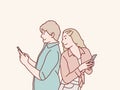 Happy back to back couple holding phone on hand simple korean style illustration