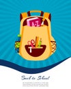 Happy back to school poster or web banner, colorful kid backpack bag illustration. Student baggage with class supplies