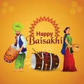 Happy Baisakhi Celebration Background with Punjabi Man Playing Dhol, Young Woman Dancing and Indian Sweet (Laddu Royalty Free Stock Photo