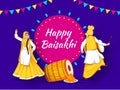 Happy Baisakhi Celebration Background with Punjabi Man Playing Dhol, Young Woman Dancing and Indian Sweet (Laddu Royalty Free Stock Photo