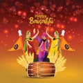 Happy Baisakhi Celebration Background with Punjabi Man Playing Dhol, Young Woman Dancing and Indian Sweet (Laddu Royalty Free Stock Photo