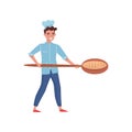 Happy baker holding wooden paddle with freshly-baked bread. Worker of bakery. Professional at work. Flat vector design