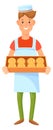 Happy baker with pastry box. Cartoon professional character