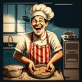 Happy baker in striped red white apron making dough in kitchen. AI generative illustration, cartoon style