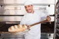 Happy baker taking out fresh loaf Royalty Free Stock Photo