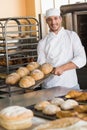 Happy baker taking out fresh loaves Royalty Free Stock Photo