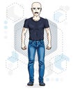 Happy bald young adult man standing, hipster. Vector character w