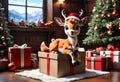 Happy bambi with Christmas present. Generative AI