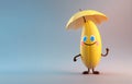 Happy Banana Cartoon Character smiling and holding an umbrella