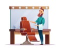 Happy barbershop hairdresser invites you to a chair. Design of charming cartoon barber character