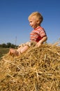 Happy barefooted baby boy sit on a hayrick Royalty Free Stock Photo