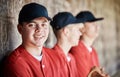 Happy baseball player portrait, bench or sports man on field at competition, training match on a stadium pitch. Softball Royalty Free Stock Photo