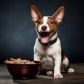 A happy Basenji puppy eagerly eating its kibble from a bowl by AI generated