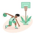 Happy basketball player in uniform throws the ball into the basketball basket. A young athlete plays a sports game. Cartoon 