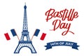 Happy Bastille Day. France national holiday poster. Eiffel Tower and handwritten lettering. Illustration Royalty Free Stock Photo