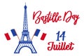 Happy Bastille Day. France national holiday poster. Eiffel Tower and handwritten lettering. Illustration Royalty Free Stock Photo