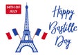 Happy Bastille Day. French National Day poster. Eiffel Tower and lettering. Illustration vector Royalty Free Stock Photo