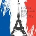 Happy Bastille Day greeting card. 14th of July brush stroke holiday background in colors of the national flag of France. Royalty Free Stock Photo