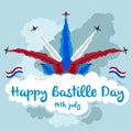 Happy Bastille Day. Illustration of jets flying in formation. Red, white and blue theme.