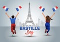 Happy bastille day 14th July. a boy and girl running with France flag. vector illustration design Royalty Free Stock Photo