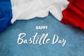 Happy Bastille Day. 14th July. Flag of France on a blue background with text. Celebrating a public holiday. Independence Day. Royalty Free Stock Photo