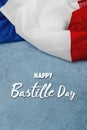 Happy Bastille Day. 14th July. Flag of France on a blue background with text. Celebrating a public holiday. Independence Day. Royalty Free Stock Photo