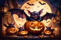 happy bats in night time in halloween setting watercolor image style