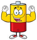 Happy Battery Cartoon Mascot Character Flexing