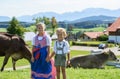 Happy Bavarian boy with sister on the meadow with cow . Alps in background . Royalty Free Stock Photo