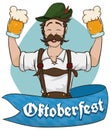 Happy Bavarian Man Celebrating Oktoberfest with Beer, Vector Illustration