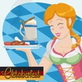 Happy Bavarian Waitress in Dirndl Working in the Oktoberfest Event, Vector Illustration