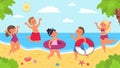 Happy beach kids. Children water games on resort, sunny day at sea or ocean. Fun boys and girls summer vacations