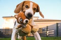 Happy Beagle dog playing fetch with owner on sunny evening in back garden. Royalty Free Stock Photo