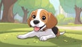 A happy beagle dog sitting in the grass