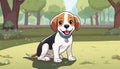 A happy beagle dog sitting in a park