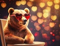 Happy bear sitting in the sun wearing red heart shaped glasses bokeh effect, Valentine\'s Day concept.