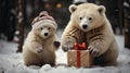 Happy bear snowman wiht gift box Christmas on the snow