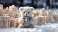 Happy bear snowman wiht gift box Christmas on the snow